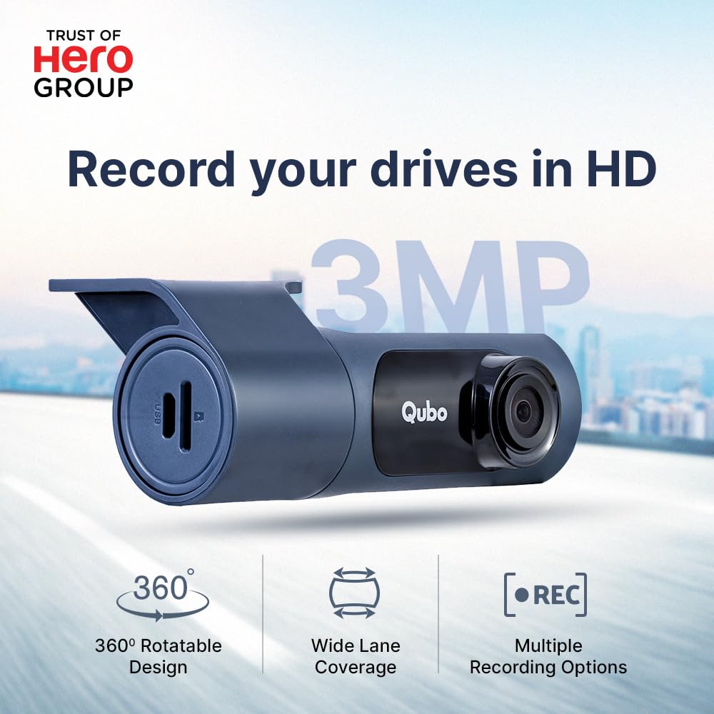 Qubo Car Dashcam Pro X by Hero Group | 3MP 1296P FHD+ Camera | NightPulse Vision | Wide-Angle FOV |