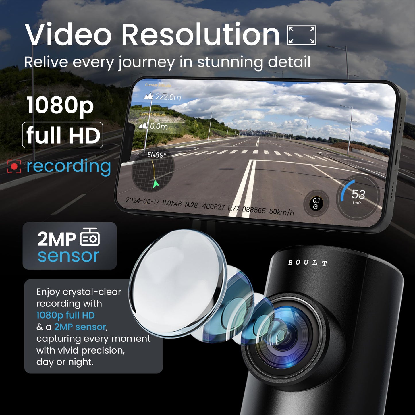 Boult Cruisecam X1 Dash Camera for Car | 1080p HD Recording | 170° Ultra-Wide Angle | 360° Rotation