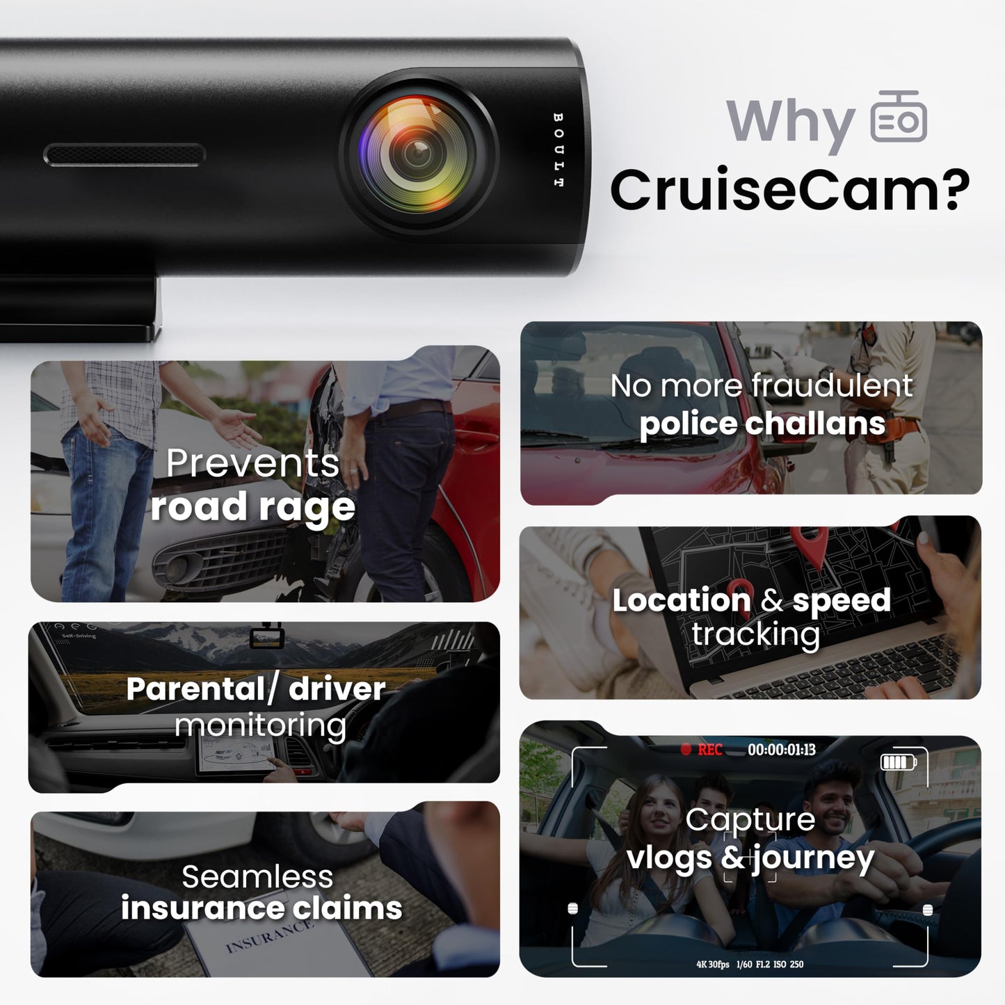 Boult Cruisecam X1 Dash Camera for Car | 1080p HD Recording | 170° Ultra-Wide Angle | 360° Rotation