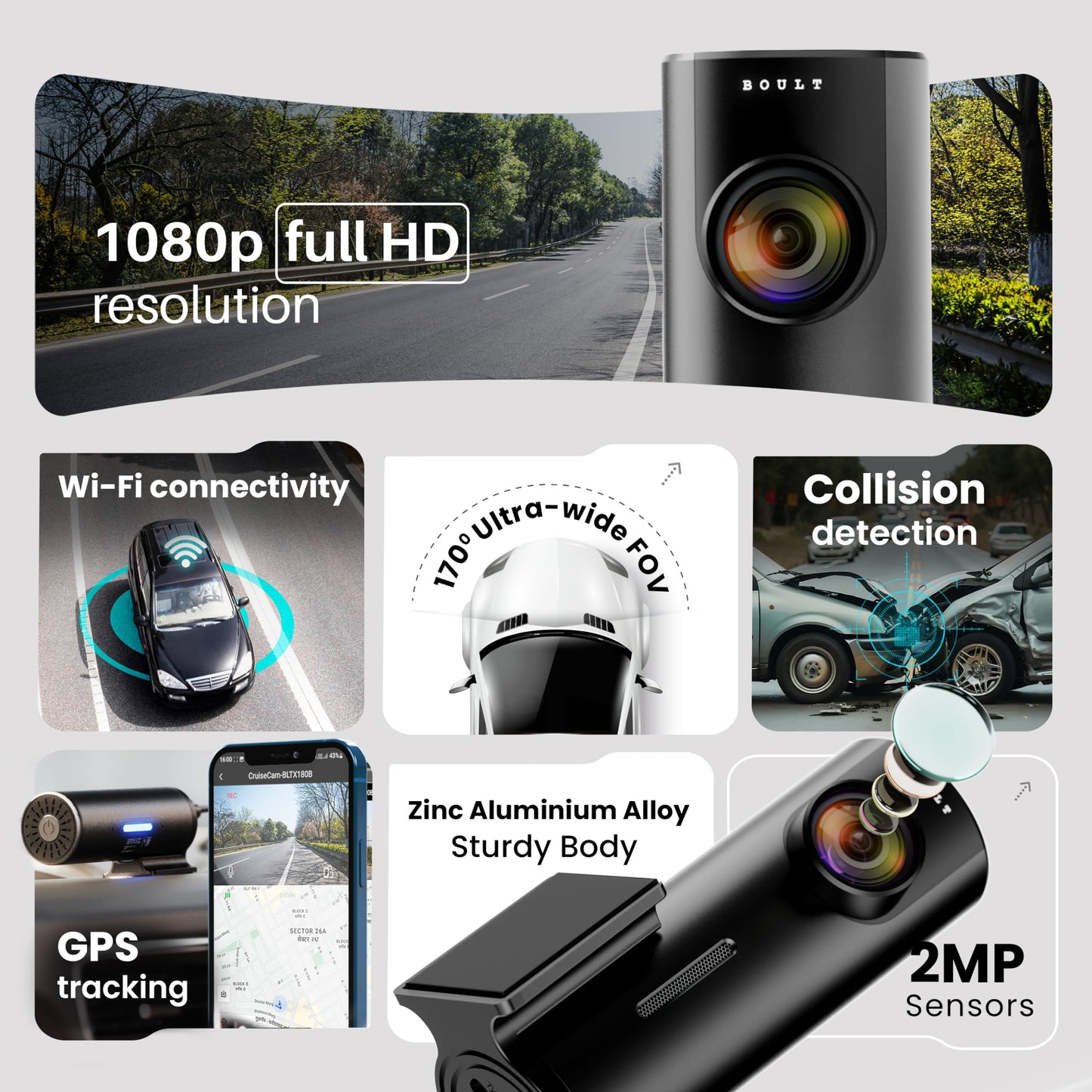 Boult Cruisecam X1 Dash Camera for Car | 1080p HD Recording | 170° Ultra-Wide Angle | 360° Rotation